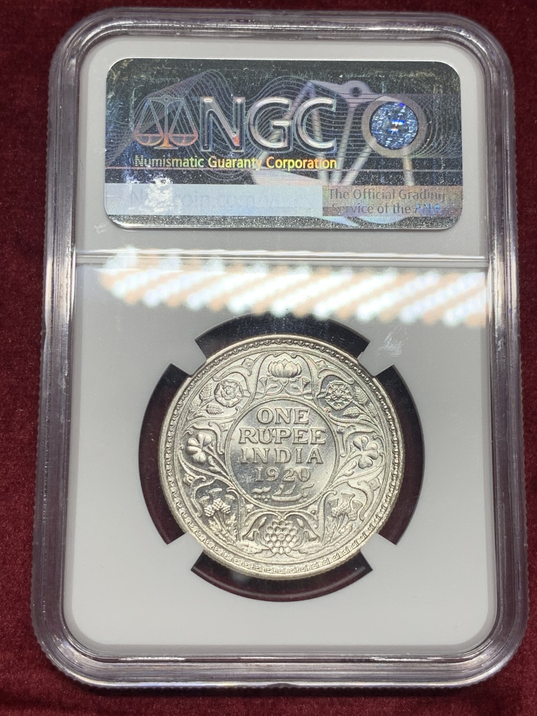 《竞宝斋》第59场-本周日，周一2场连拍（全场不限金额包邮） NGC MS64 英属印度 乔治五世1920年C版 1卢比银币 高分 币面白净 卢比到64不易 SBP-MS64去年成交价192美元 最近热涨品种