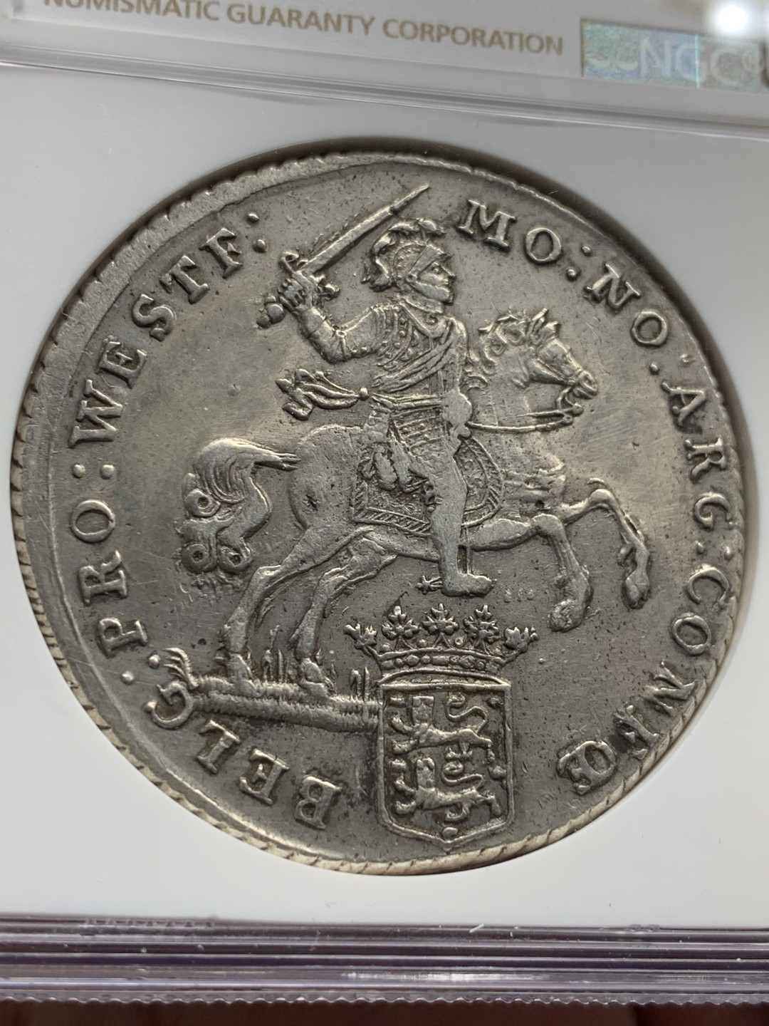 《竞宝斋》第59场-本周日，周一2场连拍（全场不限金额包邮） NGC-AU 荷兰 1791/0年  骑字版 西弗里斯兰 大马剑 银币 正反深打高品好细节 骑士脸部清晰 不多见的省