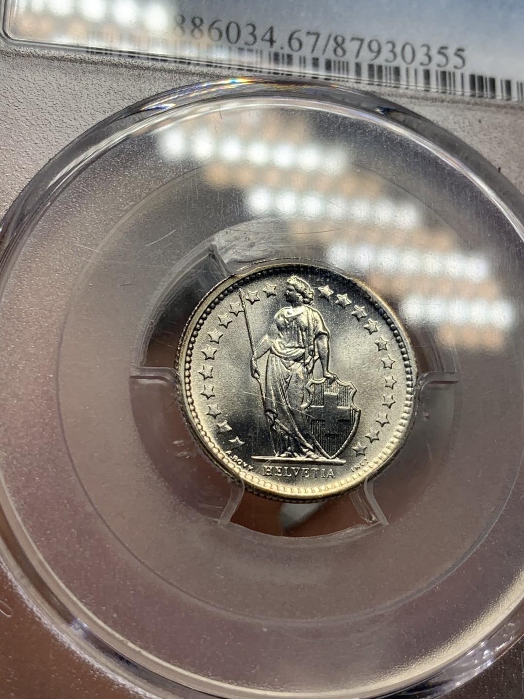 《竞宝斋》第59场-本周日，周一2场连拍（全场不限金额包邮） PCGS-MS67 瑞士1967-B 女神1/2 法郎 银币 超高分镜面光 边缘带微彩