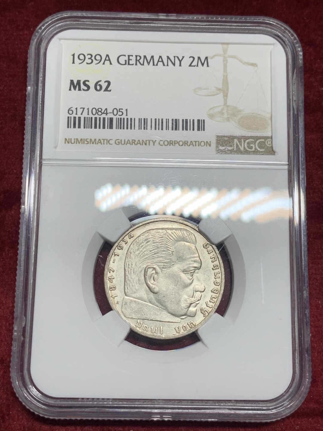 《竞宝斋》第59场-本周日，周一2场连拍（全场不限金额包邮） NGC MS62 德国1939 A版 2马克 银币细节很好