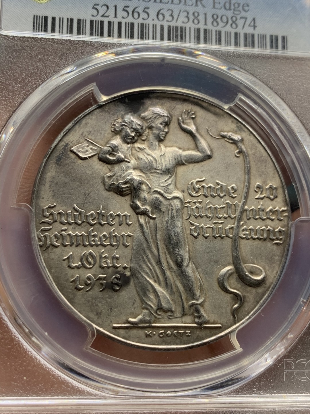 《竞宝斋》第59场-本周日，周一2场连拍（全场不限金额包邮） PCGS SP63 德国 1938年 德国攻占苏台德地区纪念银章 卡茨二战名誉品章 经典设计 正面有讽刺意味 该章应该不用多介绍 懂的都懂 卡茨章持续上涨品种