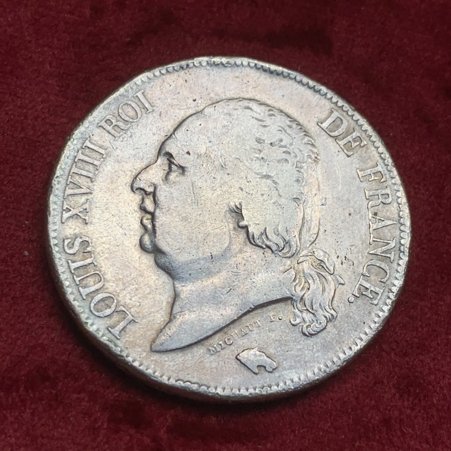 《竞宝斋》第59场-本周日，周一2场连拍（全场不限金额包邮） 法国 1824-M年 图卢兹厂 路易十八 5法郎 大银币 稀少厂名 边有磕碰