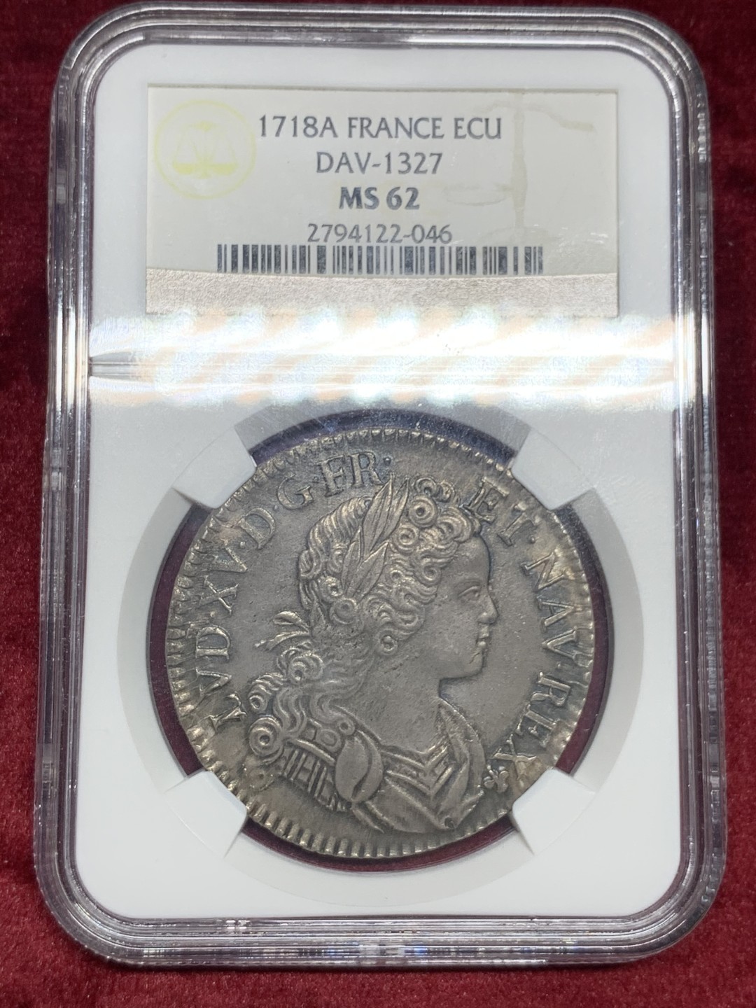 《竞宝斋》第59场-本周日，周一2场连拍（全场不限金额包邮） NGC-MS62 1718年法国路易十五埃居 少见幼儿头像，铁灰色包浆，深打，减重痕较少