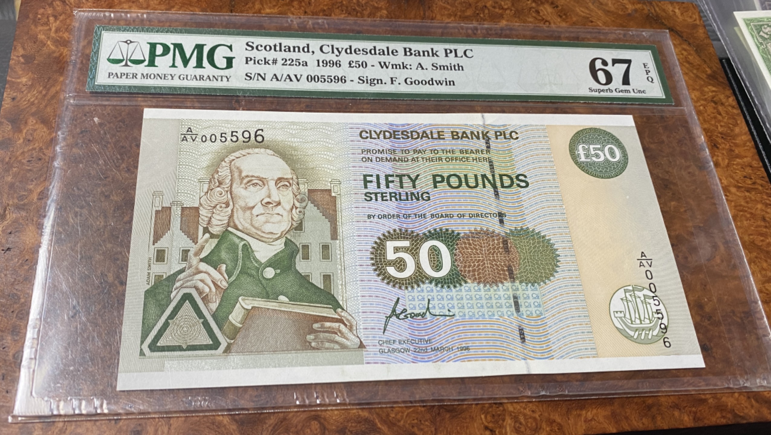 Chase Auction 第11期- - 中外纸币、民国钞联拍！ 1996年苏格兰50镑，PMG67分，千位号，实钞，亚当斯密！