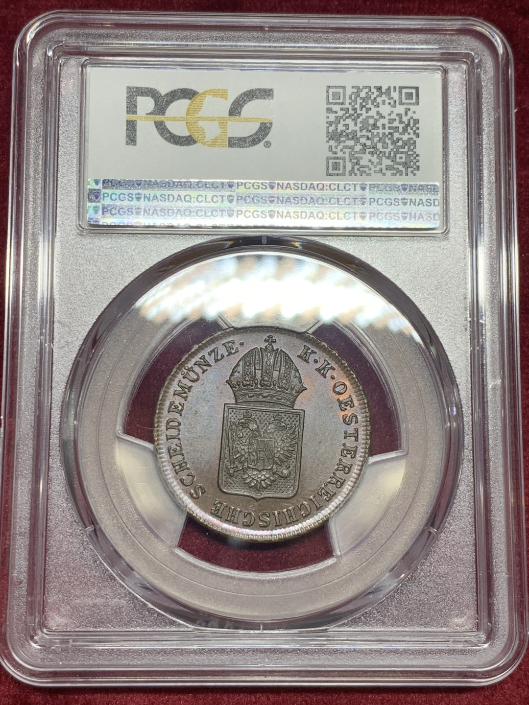 《竞宝斋》第59场-本周日，周一2场连拍（全场不限金额包邮） PCGS MS65 亚军分 奥地利 1816年 1克鲁泽 铜币 近乎完美状态
