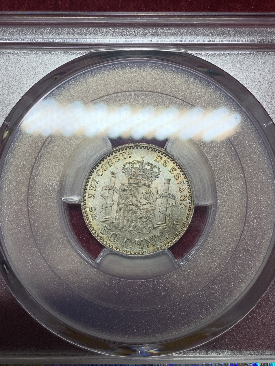 《竞宝斋》第59场-本周日，周一2场连拍（全场不限金额包邮） 亚军分 PCGS-MS65  无敌五彩包浆  西班牙 1904年 阿方索十三世 50C 银币