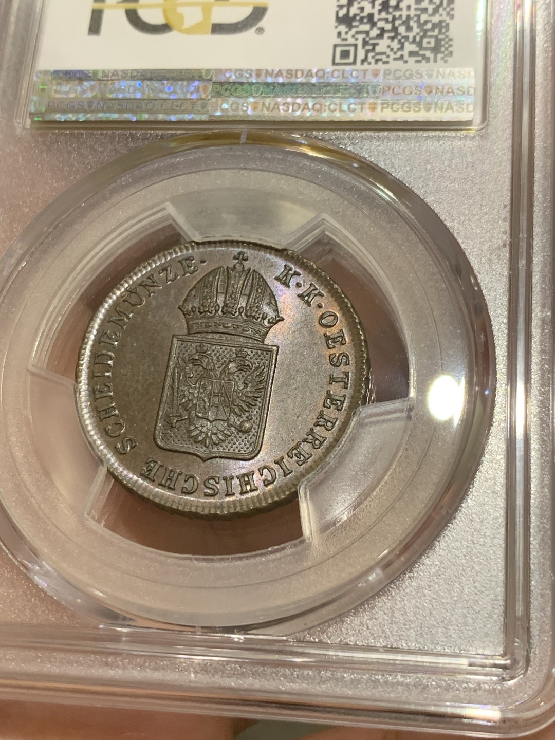 《竞宝斋》第59场-本周日，周一2场连拍（全场不限金额包邮） PCGS MS65 亚军分 奥地利 1816年 1克鲁泽 铜币 近乎完美状态