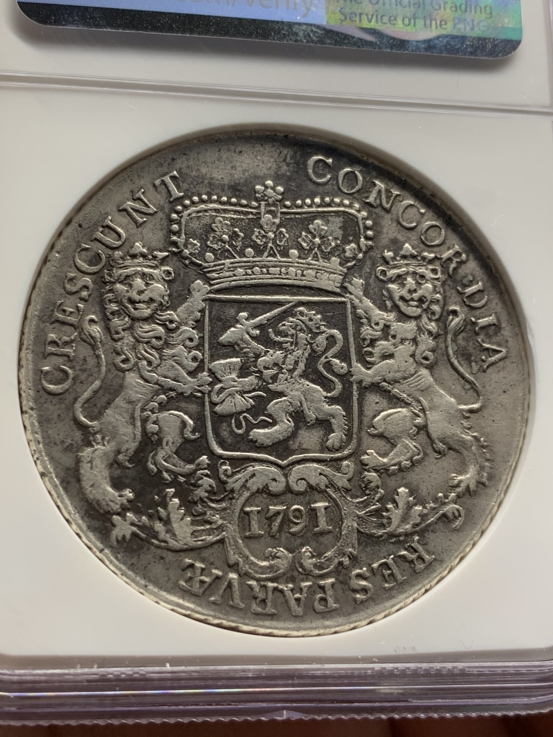 《竞宝斋》第59场-本周日，周一2场连拍（全场不限金额包邮） NGC-AU 荷兰 1791/0年  骑字版 西弗里斯兰 大马剑 银币 正反深打高品好细节 骑士脸部清晰 不多见的省