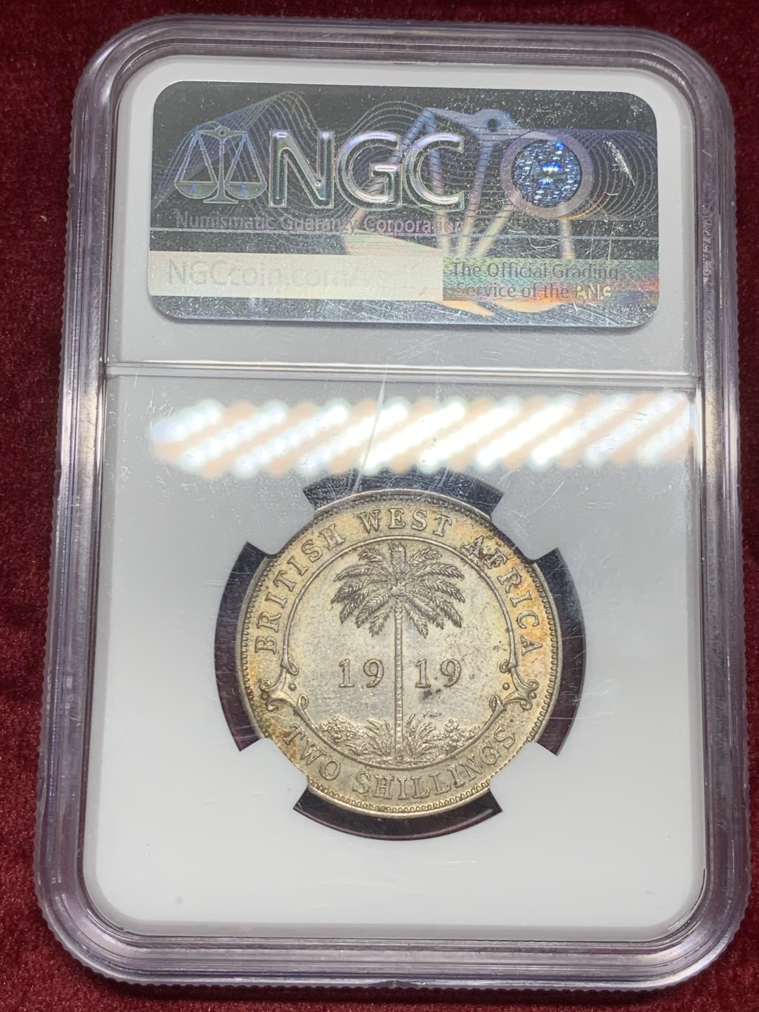 《竞宝斋》第59场-本周日，周一2场连拍（全场不限金额包邮） NGC MS61 1919年英属西非2先令银币 少见品种，喜敦版，黄油包浆