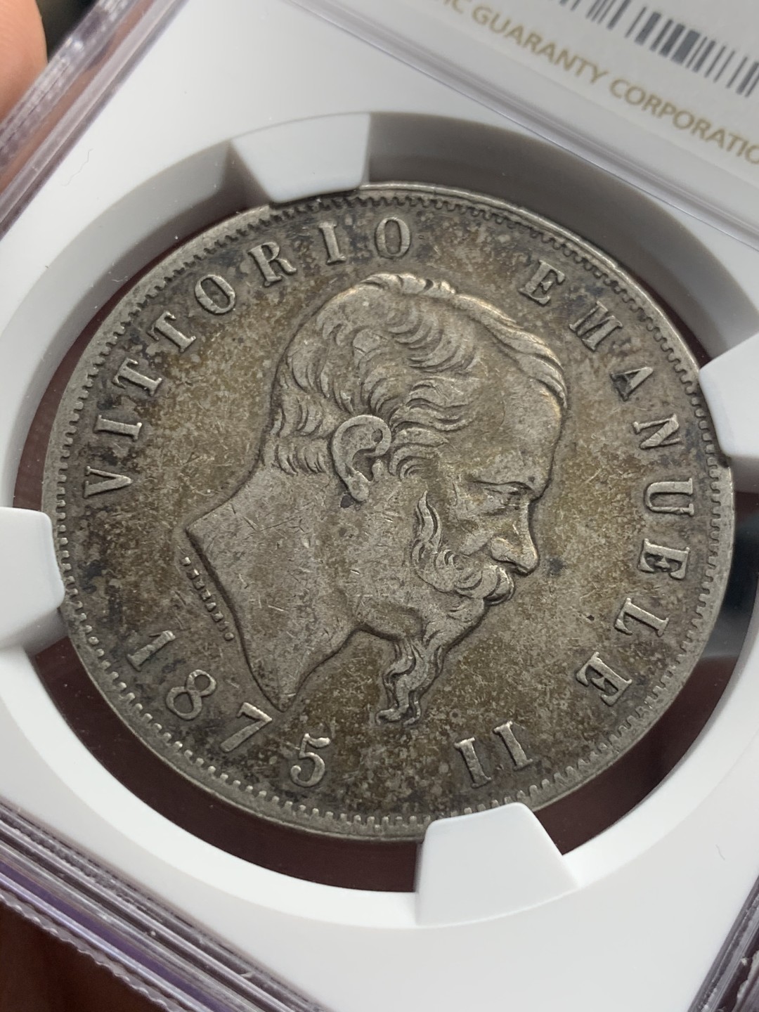 《竞宝斋》第59场-本周日，周一2场连拍（全场不限金额包邮） NGC XF45 意大利 1875年 伊曼纽尔二世 5里拉 大银币 双面深包浆 自藏好品