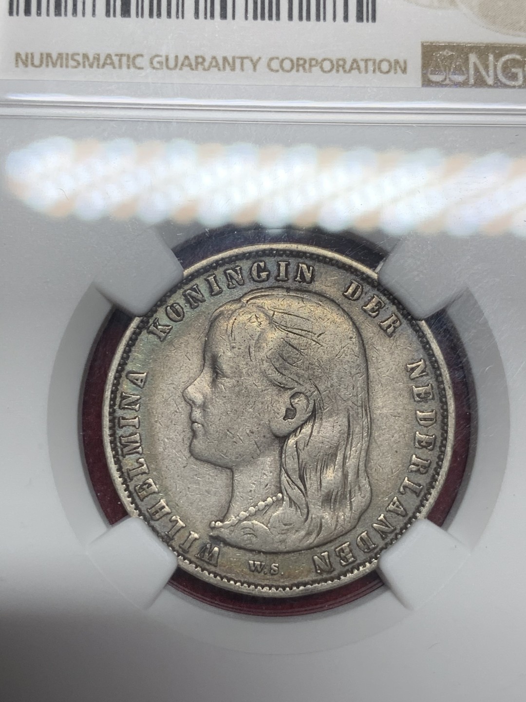 《竞宝斋》第59场-本周日，周一2场连拍（全场不限金额包邮） NGC XF 1892年荷兰威廉明娜1G 原味美品！