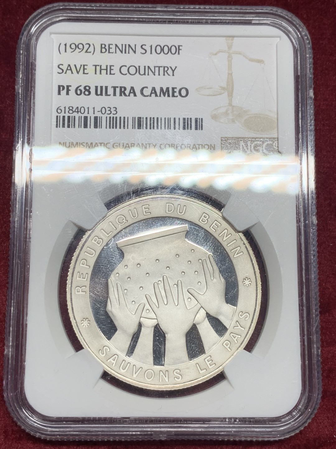 《竞宝斋》第59场-本周日，周一2场连拍（全场不限金额包邮） NGC-PF 68UC 贝宁（1992）年1000法郎国家纪念银币 (第二名）发行量1000枚  精制银币