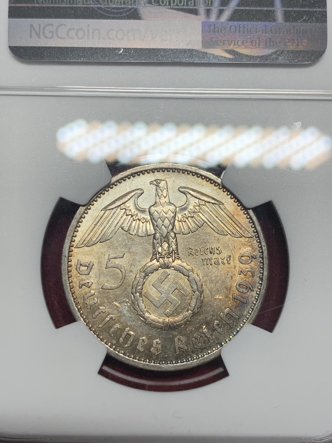 《竞宝斋》第59场-本周日，周一2场连拍（全场不限金额包邮） NGC MS62 德国1939 A版 5马克 深彩包浆 上分不容易