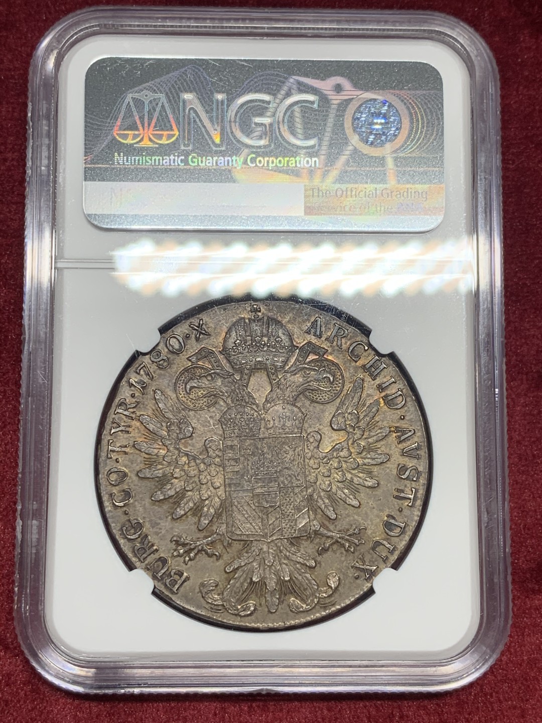 《竞宝斋》第59场-本周日，周一2场连拍（全场不限金额包邮） NGC-MS63  双须版 奥地利 1780年 大奶妈 泰勒银币 双面深五彩包浆 不可多的的状态