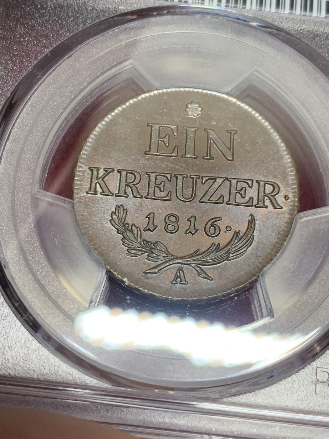 《竞宝斋》第59场-本周日，周一2场连拍（全场不限金额包邮） PCGS MS65 亚军分 奥地利 1816年 1克鲁泽 铜币 近乎完美状态