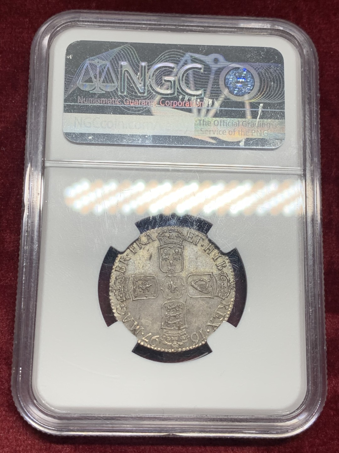 《竞宝斋》第59场-本周日，周一2场连拍（全场不限金额包邮） NGC-MS63 英国 1697年 1先令 银币 紫灰色包浆，双面深打，细节完美，同分中的战斗机