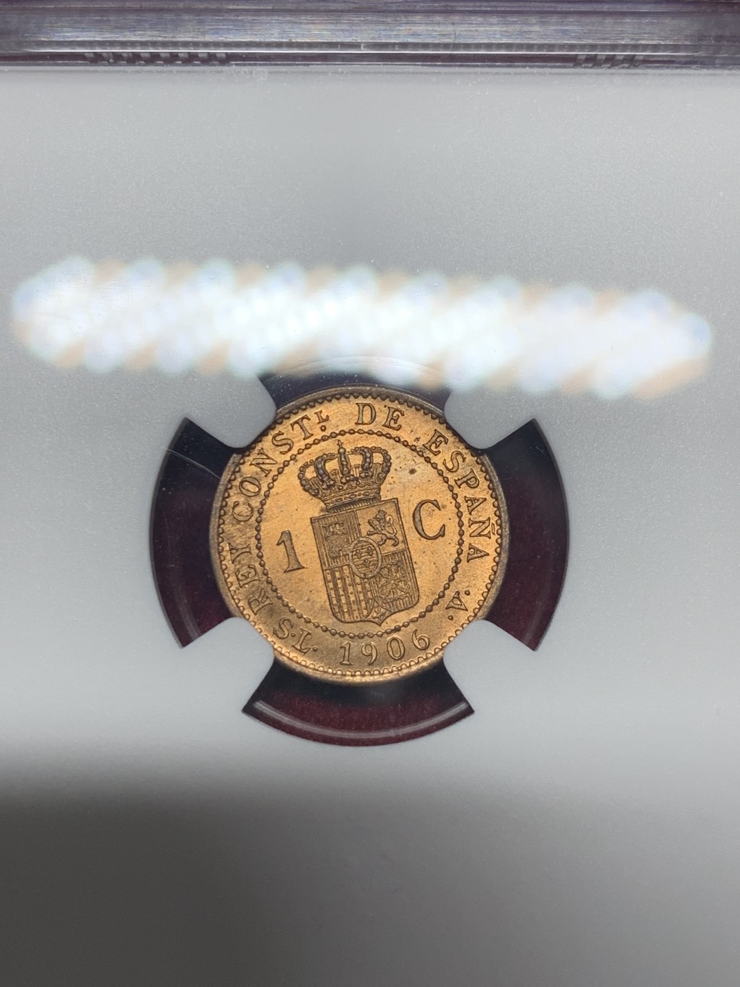 《竞宝斋》第59场-本周日，周一2场连拍（全场不限金额包邮） 亚军分 NGC-MS65 RD  顶级状态 西班牙 1906年 阿方索十三世 1C 铜币