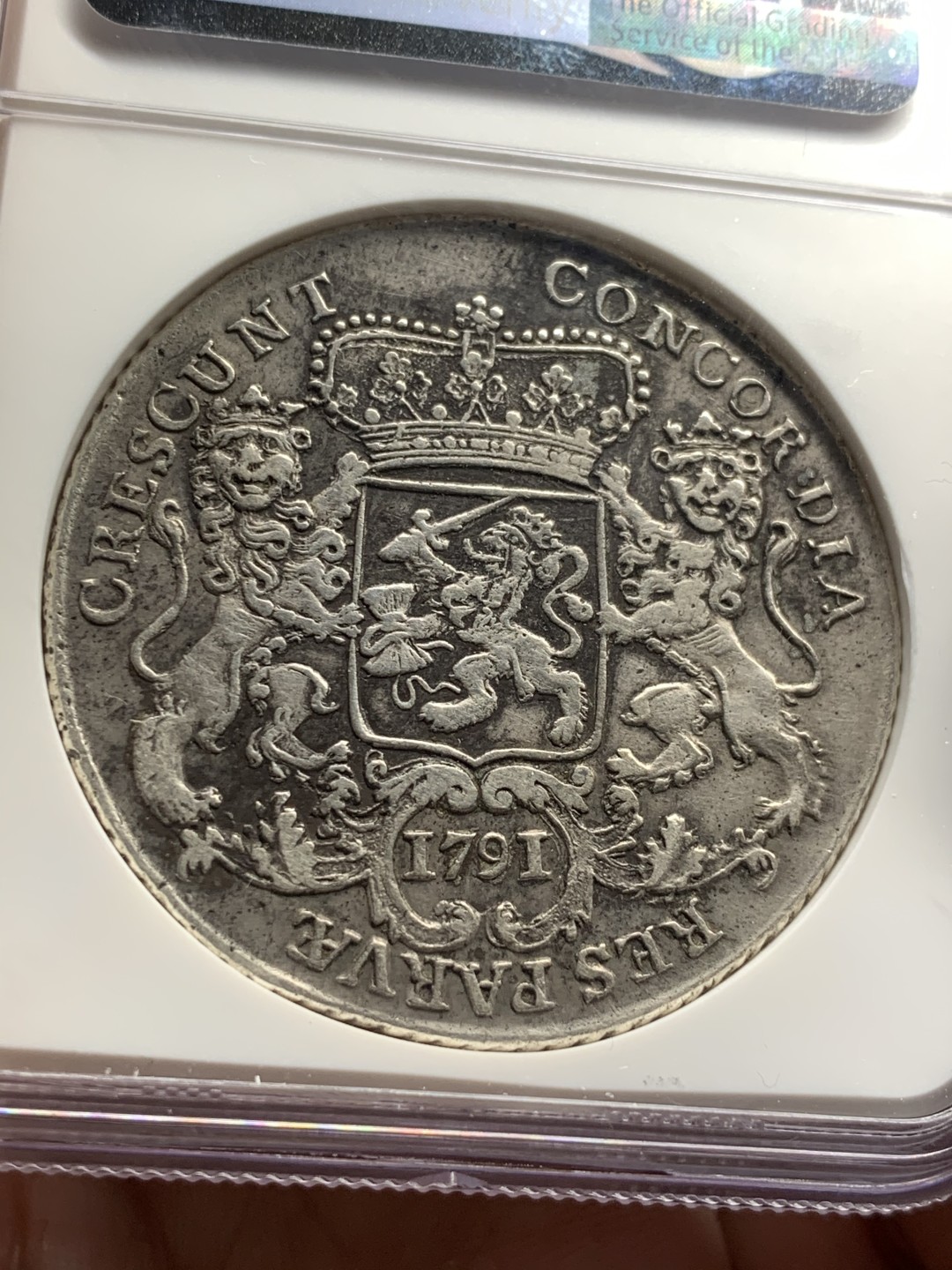 《竞宝斋》第59场-本周日，周一2场连拍（全场不限金额包邮） NGC-AU 荷兰 1791/0年  骑字版 西弗里斯兰 大马剑 银币 正反深打高品好细节 骑士脸部清晰 不多见的省