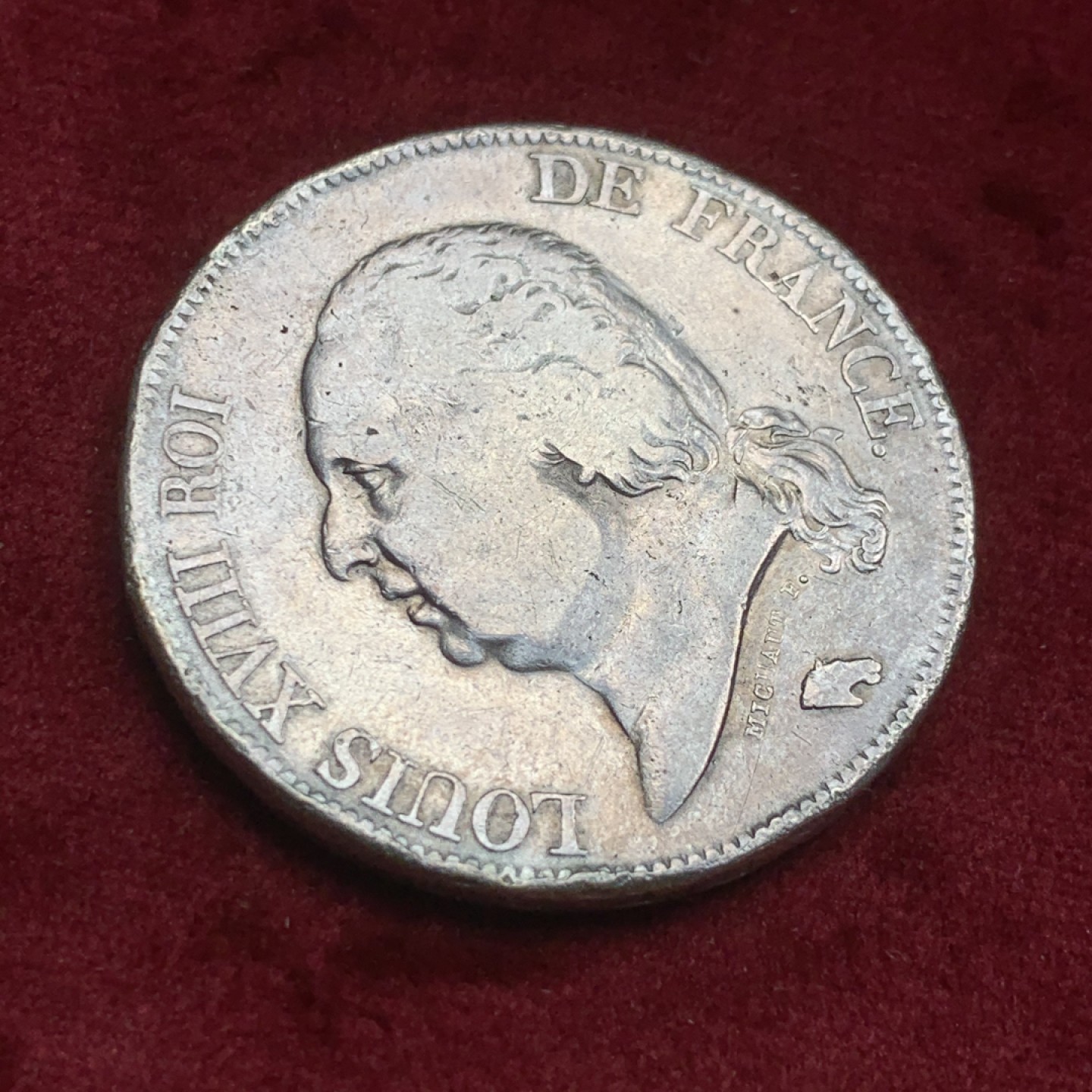 《竞宝斋》第59场-本周日，周一2场连拍（全场不限金额包邮） 法国 1824-M年 图卢兹厂 路易十八 5法郎 大银币 稀少厂名 边有磕碰