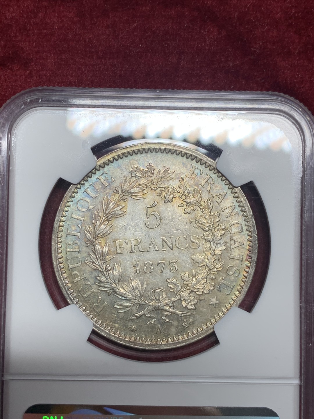 《竞宝斋》第59场-本周日，周一2场连拍（全场不限金额包邮） NGC MS61 法国 1873年 大力神5法郎 银币 状态，底板都非常好 正面鼻尖可见，背面炫五彩