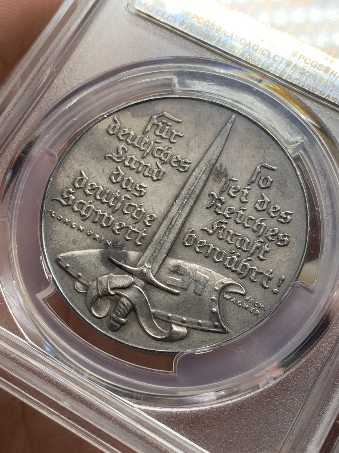 《竞宝斋》第59场-本周日，周一2场连拍（全场不限金额包邮） PCGS SP63 德国 1938年 德国攻占苏台德地区纪念银章 卡茨二战名誉品章 经典设计 正面有讽刺意味 该章应该不用多介绍 懂的都懂 卡茨章持续上涨品种