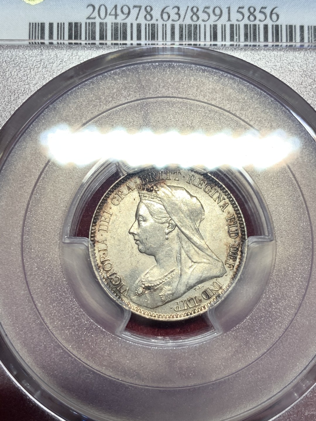 《竞宝斋》第59场-本周日，周一2场连拍（全场不限金额包邮） PCGS MS63 英国 1898年 维多利亚女王 批纱版 6便士银币 背面为数字计值 不多见版本