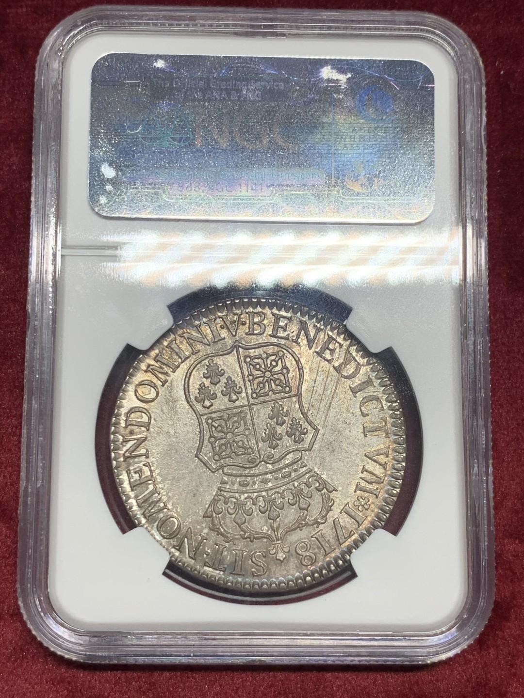 《竞宝斋》第59场-本周日，周一2场连拍（全场不限金额包邮） NGC-MS62 1718年法国路易十五埃居 少见幼儿头像，铁灰色包浆，深打，减重痕较少