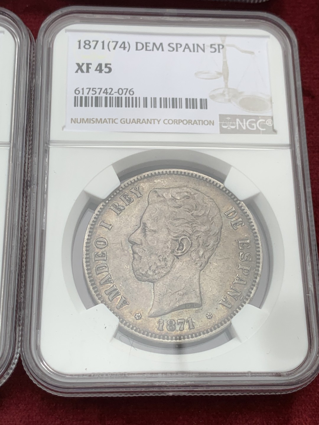 《竞宝斋》第59场-本周日，周一2场连拍（全场不限金额包邮） NGC-XF45原味包浆 西班牙5 比塞塔 8枚大全套一套 同分近状态 一次搞定