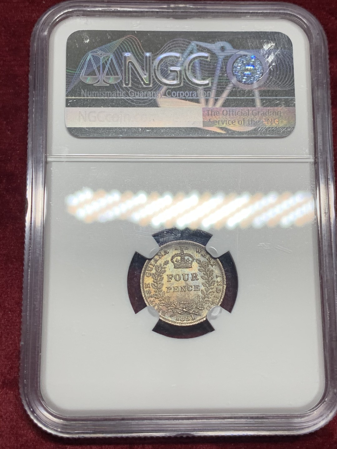 《竞宝斋》第59场-本周日，周一2场连拍（全场不限金额包邮） NGC MS64 英属圭亚那及西印度 维多利亚女皇 1891年 4便士银币 双面均匀五彩包浆美品 同分品种在2014年HA成交价为123美元