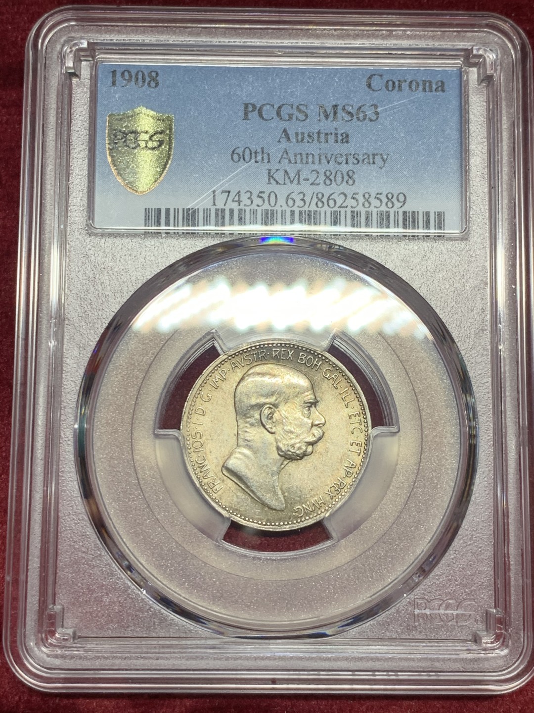 《竞宝斋》第59场-本周日，周一2场连拍（全场不限金额包邮） PCGS-MS62 奥地利 1908年弗朗茨 执政60年 纪念1克朗银币 少见品种
