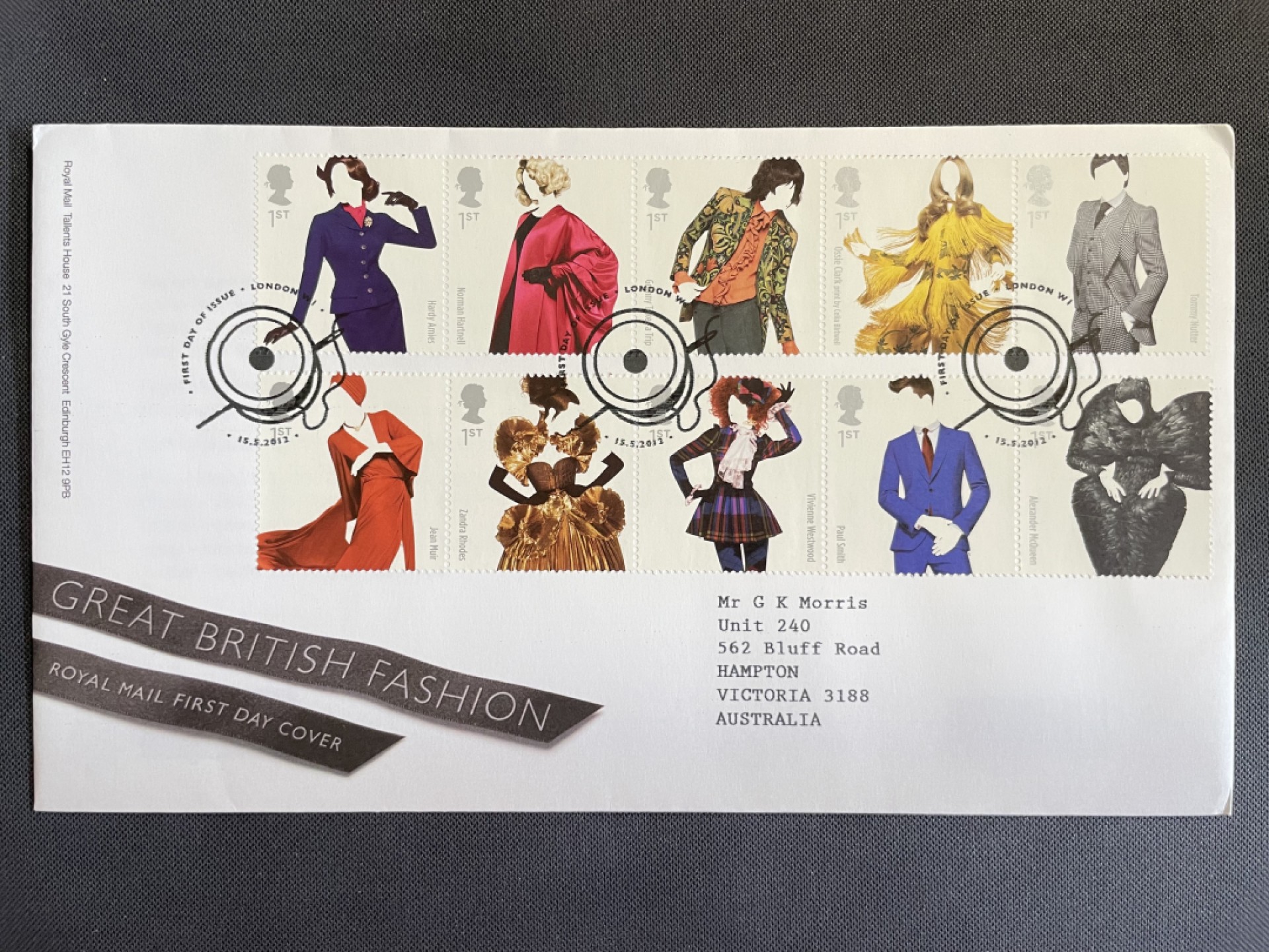 【第16期】莲池国际邮品拍卖 【英国】2012 不列颠时尚服装 套票官封 首日实寄澳洲