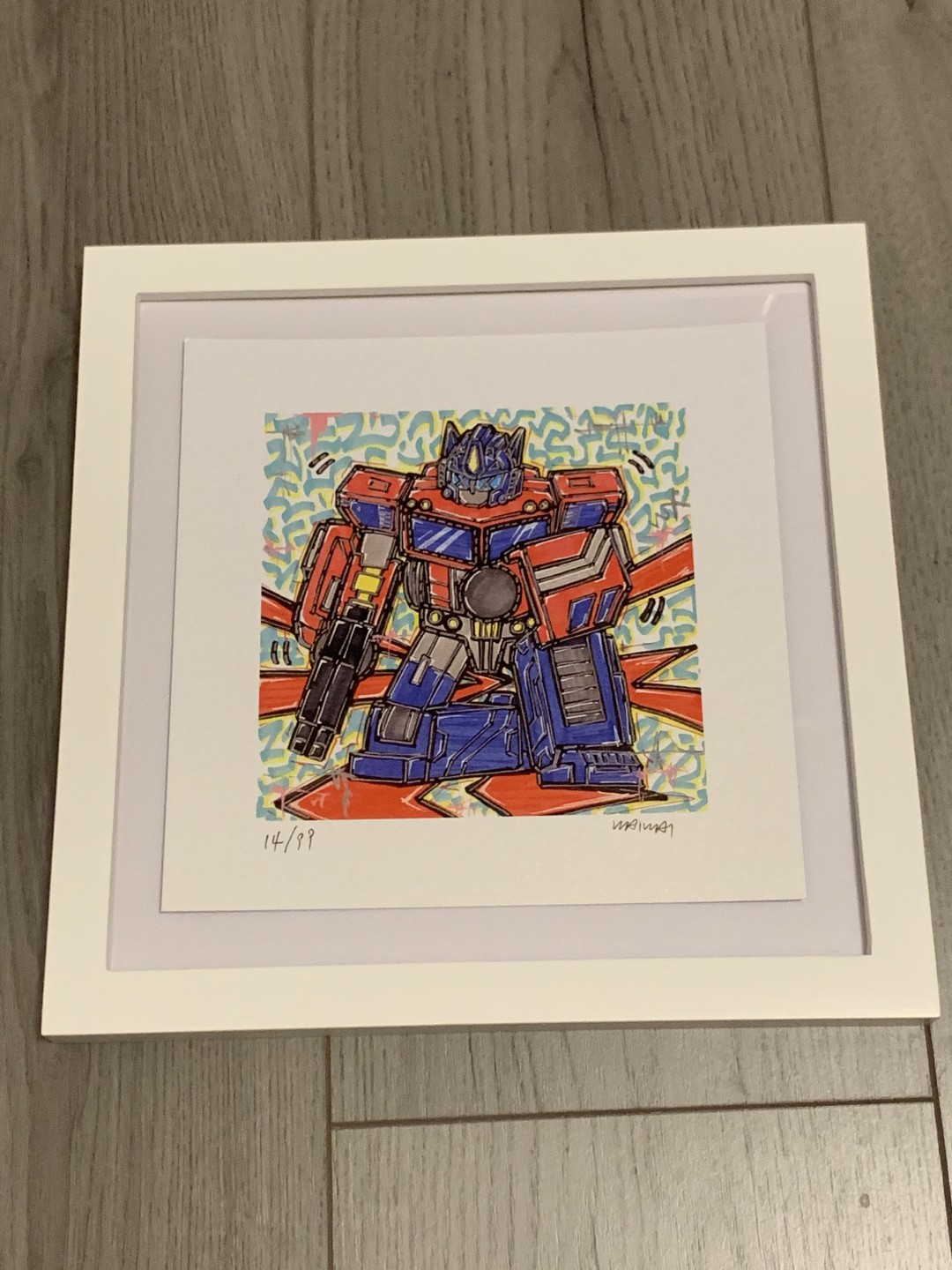 零元拍：歪歪亲笔签名 OWSON系列限量插画复制画《变形金刚系列：擎天柱》，尺寸约22/22厘米，拍品不含镜框
