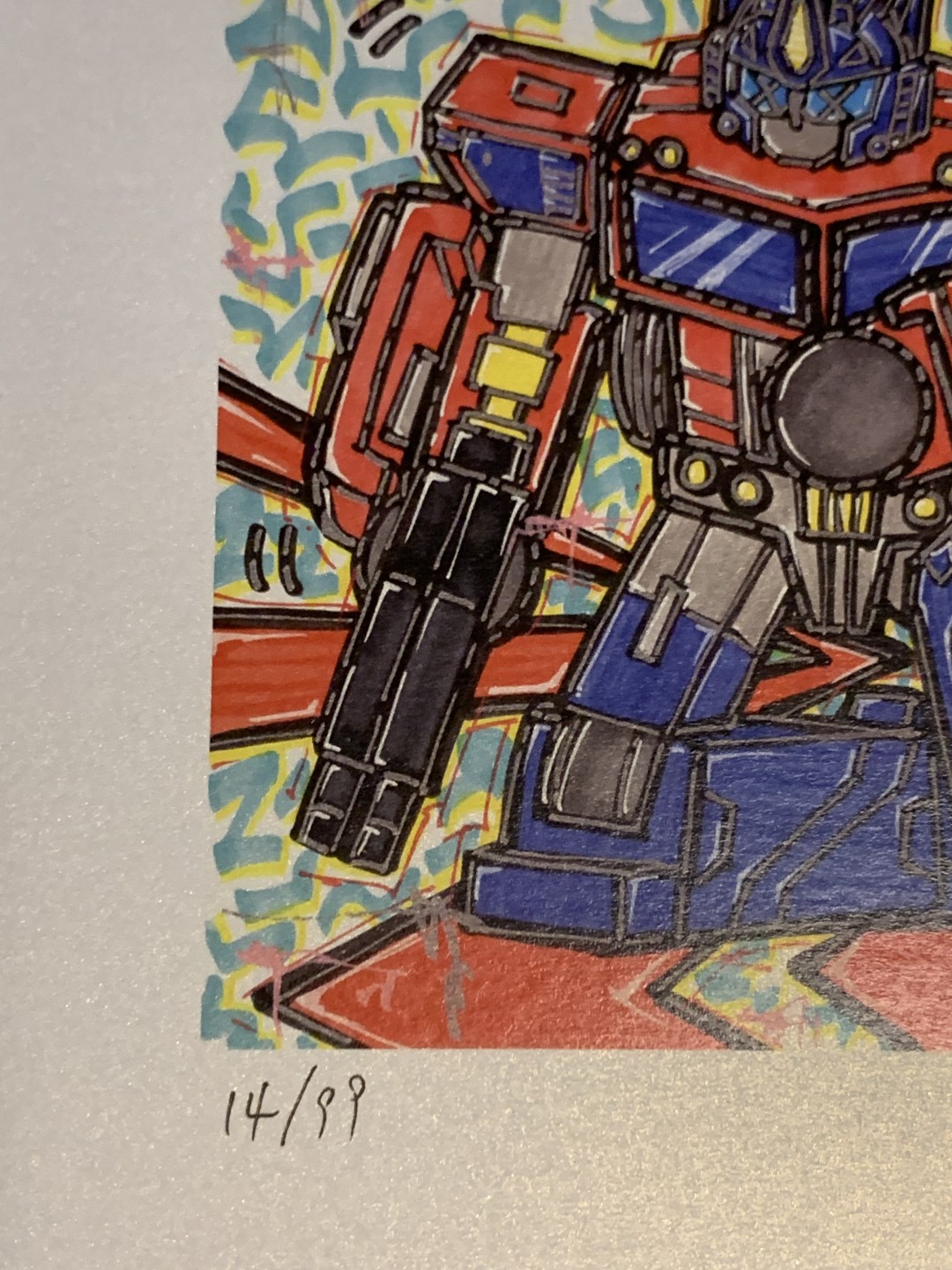 零元拍：歪歪亲笔签名 OWSON系列限量插画复制画《变形金刚系列：擎天柱》，尺寸约22/22厘米，拍品不含镜框