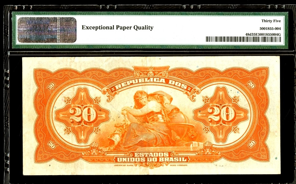 【Blue Auction】✨世界纸币精拍第186期——唯一冠军曼左尼（共77拍） 【百年风云 手签原票少见】巴西 1931年 20Mil Reis PMG35EPQ 大票幅 背面雕刻非常漂亮 美钞公司出品
