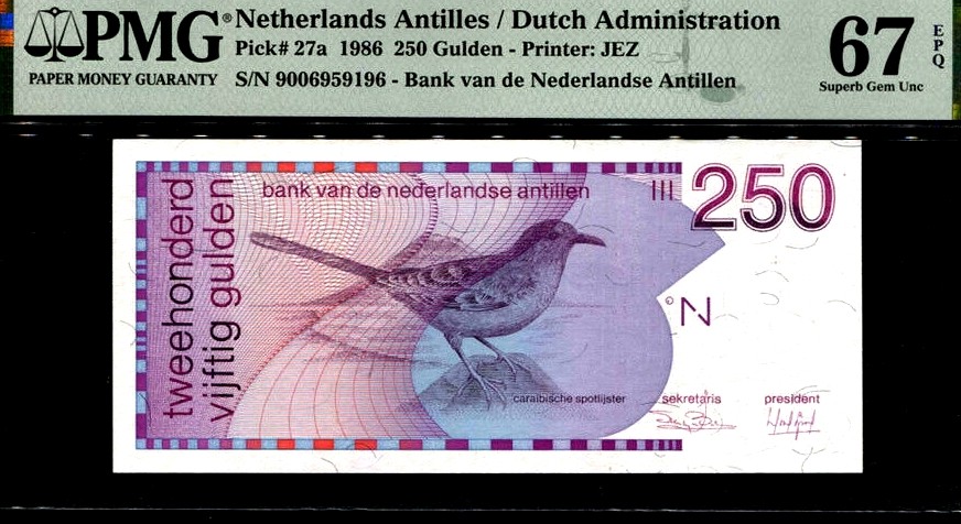 【Blue Auction】✨世界纸币精拍第186期——唯一冠军曼左尼（共77拍） 【近倒置号 无47】荷属安的列斯 1986年250盾 最高值 PMG67EPQ 高分