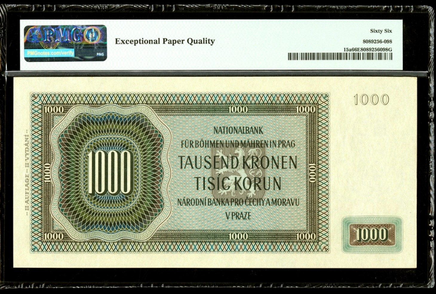 【Blue Auction】✨世界纸币精拍第186期——唯一冠军曼左尼（共77拍） 【实钞 超大票幅 与上一张连号 最后一张库存】波西米亚 p15a 1942年1000克朗 PMG66EPQ