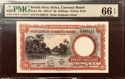 【Blue Auction】✨世界纸币精拍第186期——唯一冠军曼左尼（共77拍） -  【少见品种 无47】英属西非 1953-57年20先令 PMG66EPQ 非常精美 