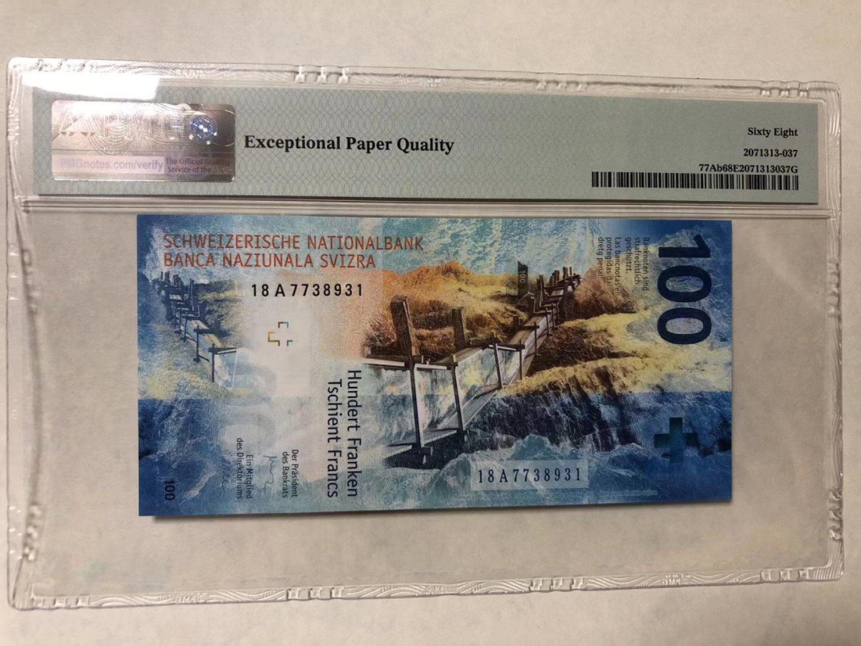 【Blue Auction】✨世界纸币精拍第186期——唯一冠军曼左尼（共77拍） 瑞士 2018年100法郎 PMG68EPQ 超高分