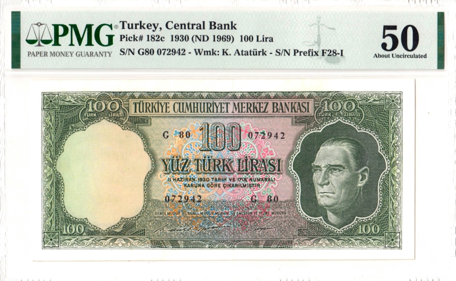 【Blue Auction】✨世界纸币精拍第186期——唯一冠军曼左尼（共77拍） 土耳其早期 1930年100里拉 PMG50 双面雕刻 精美