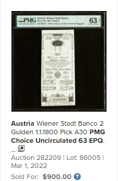 【Blue Auction】✨世界纸币精拍第186期——唯一冠军曼左尼（共77拍） 【唯一冠军分 全新非常罕见 4个世纪前的纸币】奥地利 早期 1784年25盾 PMG64 超大票幅（近A4纸大小）文物级别 