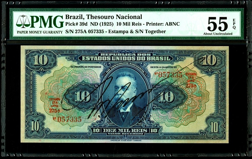 【Blue Auction】✨世界纸币精拍第186期——唯一冠军曼左尼（共77拍） 【百年风云 手签原票少见】巴西 1925年 10Mil Reis PMG55EPQ 大票幅背面雕刻非常漂亮 美钞公司出品