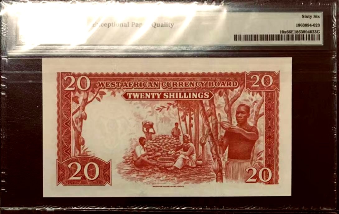【Blue Auction】✨世界纸币精拍第186期——唯一冠军曼左尼（共77拍）  【少见品种 无47】英属西非 1953-57年20先令 PMG66EPQ 非常精美 