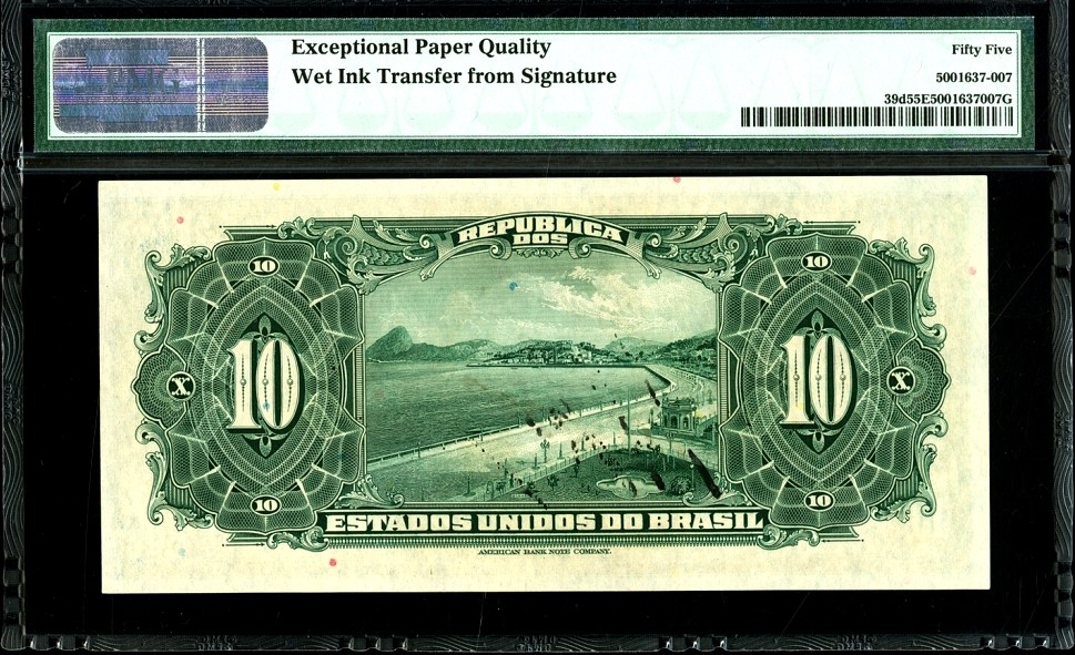 【Blue Auction】✨世界纸币精拍第186期——唯一冠军曼左尼（共77拍） 【百年风云 手签原票少见】巴西 1925年 10Mil Reis PMG55EPQ 大票幅背面雕刻非常漂亮 美钞公司出品
