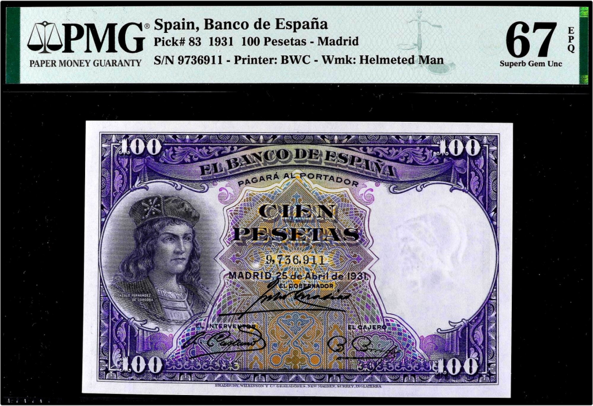 【Blue Auction】✨世界纸币精拍第186期——唯一冠军曼左尼（共77拍） 【仅一张更高分】西班牙 1931年100比塞塔 PMG67EPQ BWC出品 非常漂亮