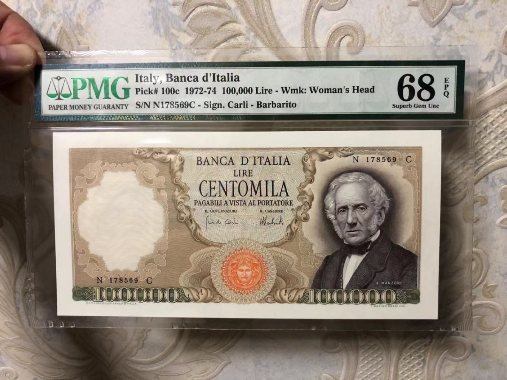 【Blue Auction】✨世界纸币精拍第186期——唯一冠军曼左尼（共77拍） 【唯一冠军分 大珍】意大利 1972-74年10万里拉 最高值 经典曼左尼 雕刻非常精美 PMG68EPQ 超级高分 大货勿错过