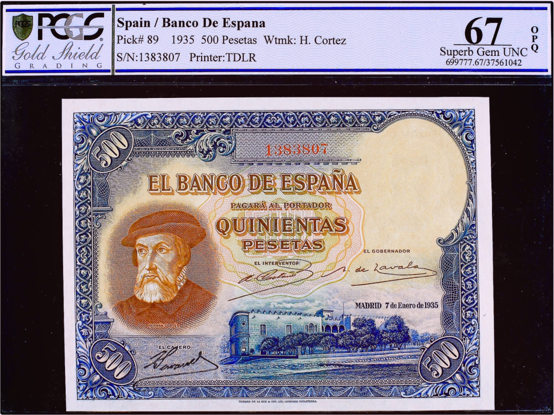 【Blue Auction】✨世界纸币精拍第186期——唯一冠军曼左尼（共77拍） 【冠军分】西班牙 1935年 500比塞塔 PCGS67EPQ 超高分 科尔特斯 经典大方块 雕刻非常细腻大气 值得珍藏 背面描述科尔特斯到达墨西哥后烧毁了他的船只，以说服他的部下们，没有回头路的场景。最终科尔特斯以破釜沉舟之势，以600人征服250万印第安人，塑造了西班牙征服者的传奇人生。