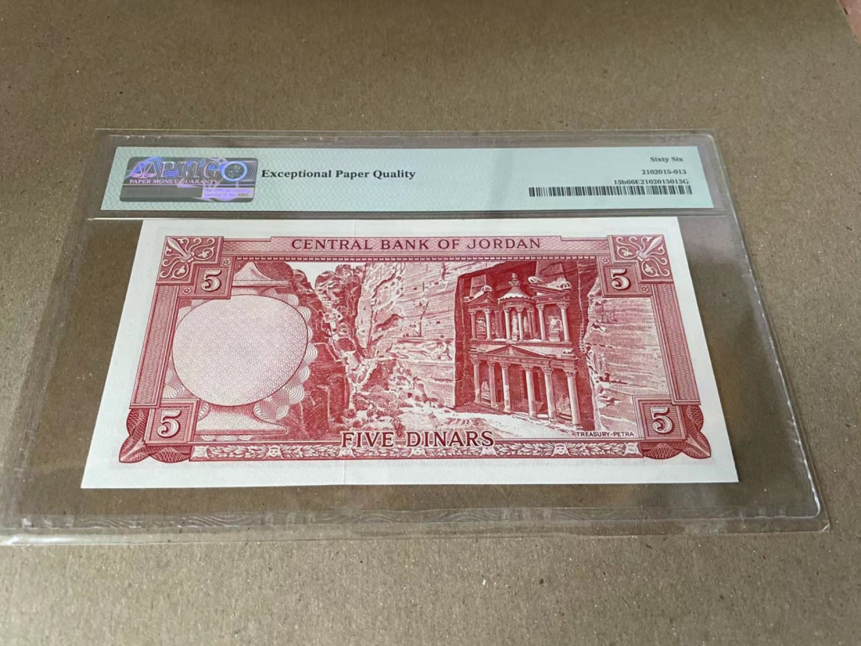 【Blue Auction】✨世界纸币精拍第186期——唯一冠军曼左尼（共77拍） 约旦 1959年5第纳尔 PMG66EPQ 佩特拉古城