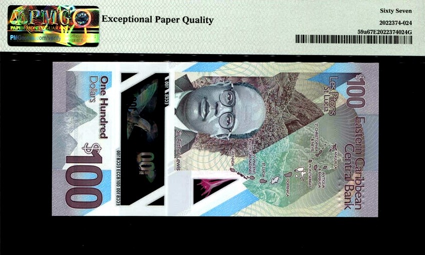 【Blue Auction】✨世界纸币精拍第186期——唯一冠军曼左尼（共77拍） 东加勒比 2019年100元 最高值 PMG67EPQ 高分 女王纸币