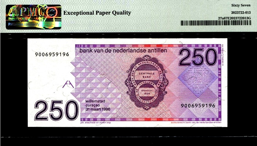 【Blue Auction】✨世界纸币精拍第186期——唯一冠军曼左尼（共77拍） 【近倒置号 无47】荷属安的列斯 1986年250盾 最高值 PMG67EPQ 高分