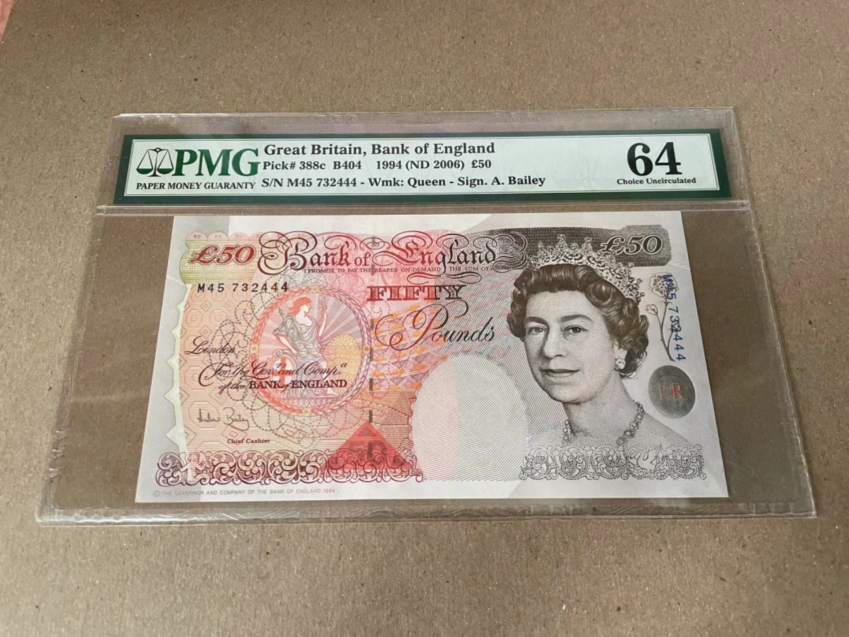 【Blue Auction】✨世界纸币精拍第186期——唯一冠军曼左尼（共77拍） 【444豹子号】英国 1994年50镑 PMG64